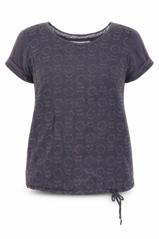 Front view of Debenhams women’s blue floral polyester basic t-shirt, size UK 10, boat neck
