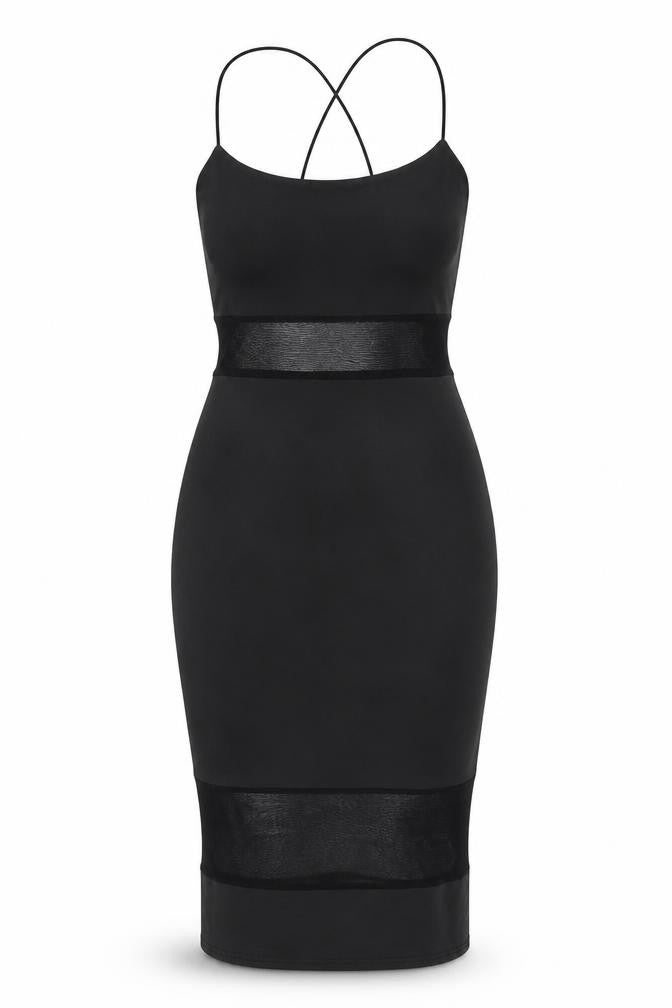 Front view of Missguided women’s black viscose bodycon, size UK 10, scoop neck pullover - mesh panels