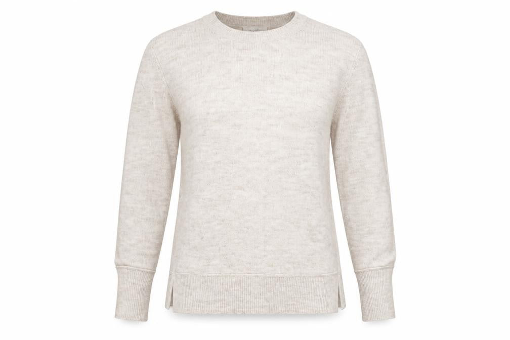 Front view of Treasure Bond women’s beige round neck acrylic jumper, size M