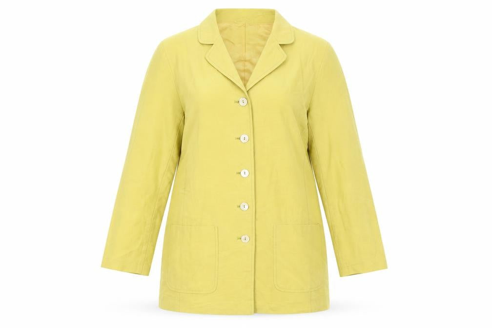 Front view of Monsoon women’s yellow pea coat coat, size UK 14, button