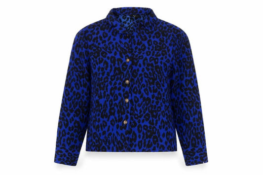 Front view of New Look women’s blue animal print polyester basic button-up, size UK 10, collared - leopard print