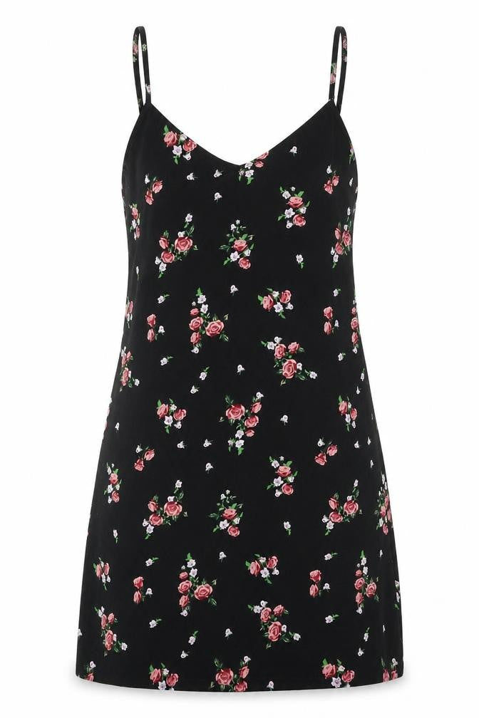 Front view of H&M women’s black floral polyester tank dress, size UK 4, v-neck pullover