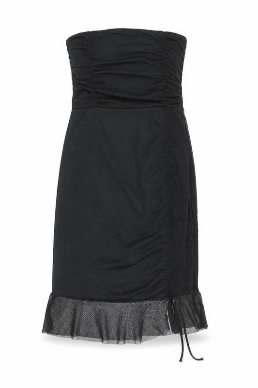 Front view of PRETTYLITTLETHING women’s black polyester ball gown, size UK 10, off the shoulder tie