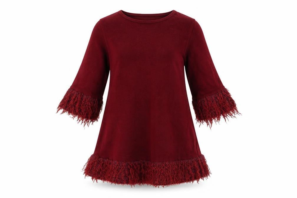 Front view of FNUC women’s red acrylic a-line, size M, round neck pullover