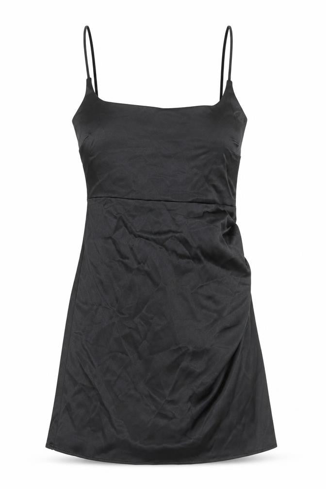 Front view of Zara women’s black polyester slip dress, size S, square neck zip