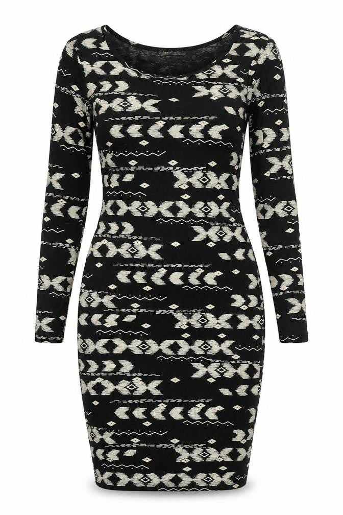 Front view of High Rose women’s black geometric viscose bodycon, size S, scoop neck pullover