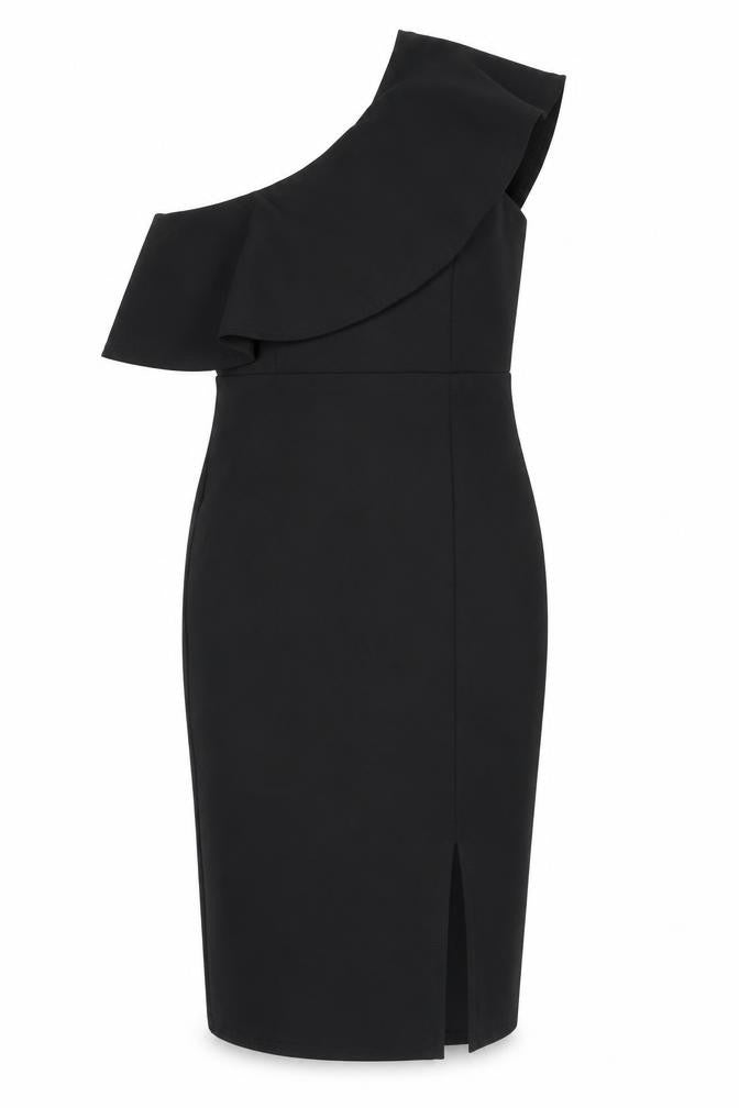 Front view of women’s black polyester a-line, size UK 10, one shoulder pullover