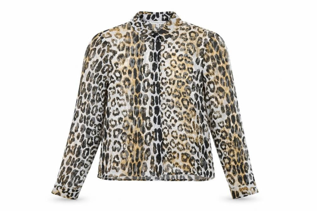 Front view of Marks & Spencer women’s brown animal print polyester basic button-up, size UK 10, v-neck - leopard print