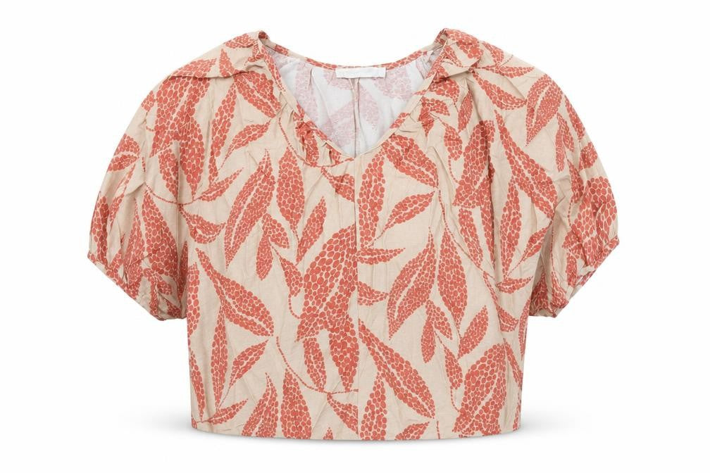Primark Womens Brown Geometric Viscose Cropped Blouse Size 6 V-Neck - Leaf Print