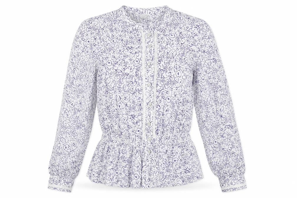 Front view of Marks & Spencer women’s white floral viscose basic button-up, size UK 8, round neck