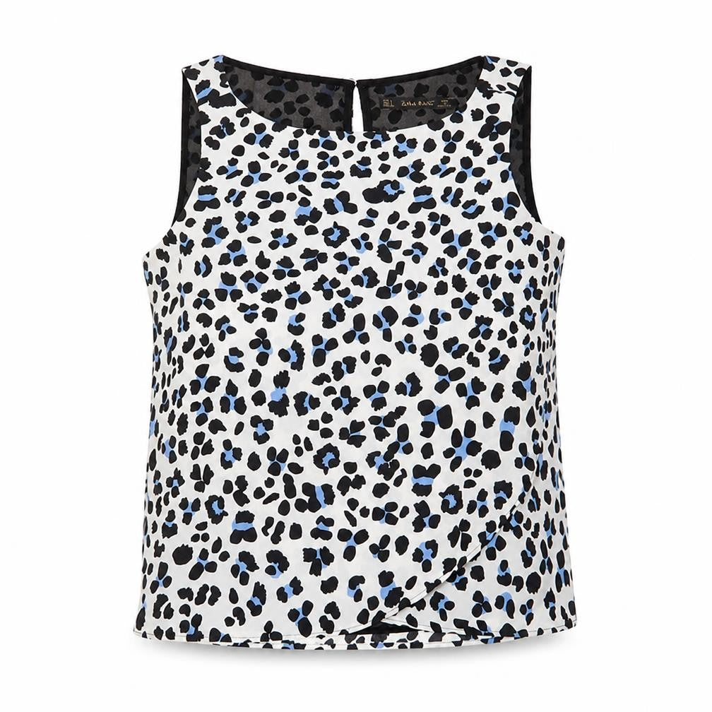 Front view of Zara women’s white animal print polyester basic blouse, size S, scoop neck
