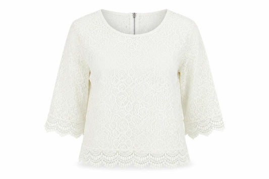 Front view of H&M women’s ivory geometric polyester basic blouse, size UK 10, scoop neck