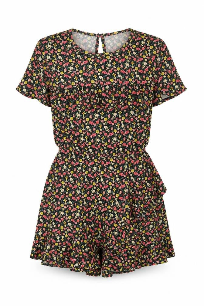 Front view of River Island women’s multicoloured floral polyester playsuit one-piece, size UK 6, button