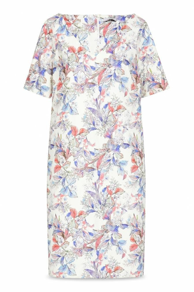 Front view of Marks & Spencer women’s multicoloured geometric polyester shift, size UK 12, off the shoulder pullover