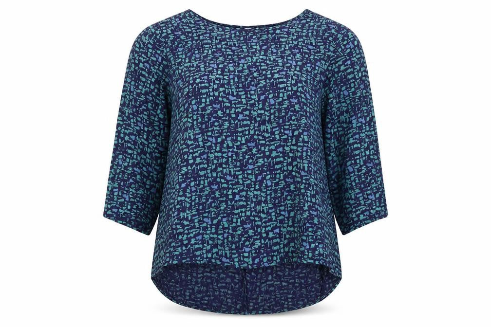 Front view of John Lewis women’s beige geometric viscose basic blouse, size UK 12, round neck