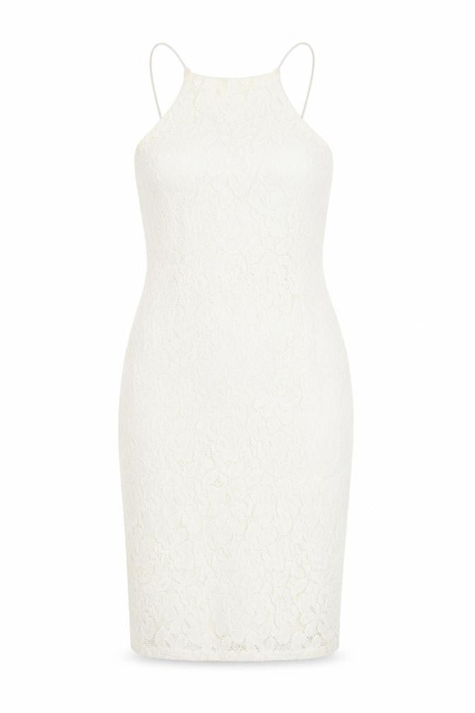 Front view of River Island women’s ivory floral polyester bodycon, size UK 8, square neck pullover - cross strap detail