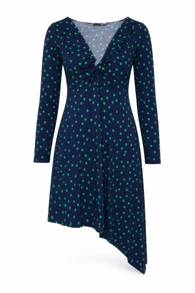 Front view of ASOS women’s blue polka dot polyester a-line, size UK 10, v-neck pullover - knot front