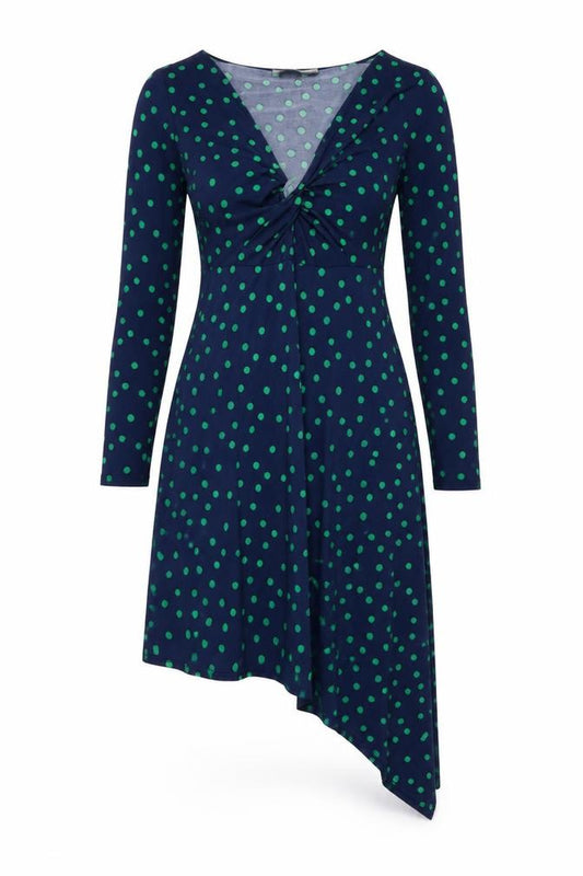 Front view of ASOS women’s blue polka dot polyester a-line, size UK 10, v-neck pullover - knot front