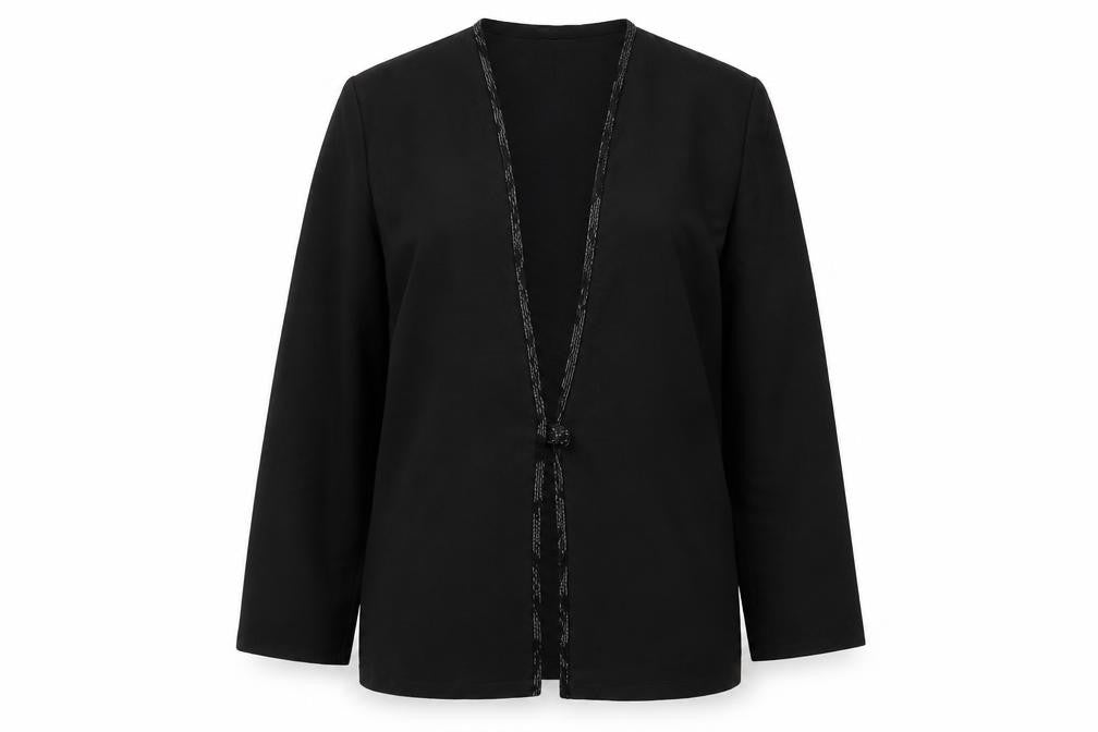Front view of Gina Bacconi women’s black jacket, size UK 12, hook & eye