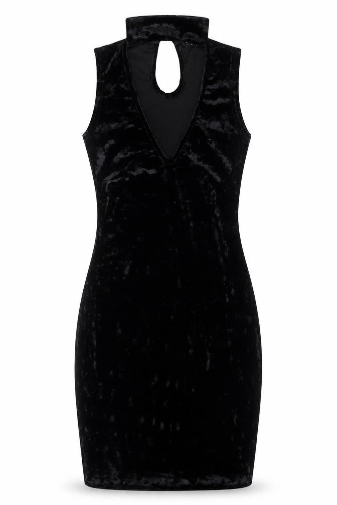 Front view of Select women’s black polyester tank dress, size UK 6, v-neck button