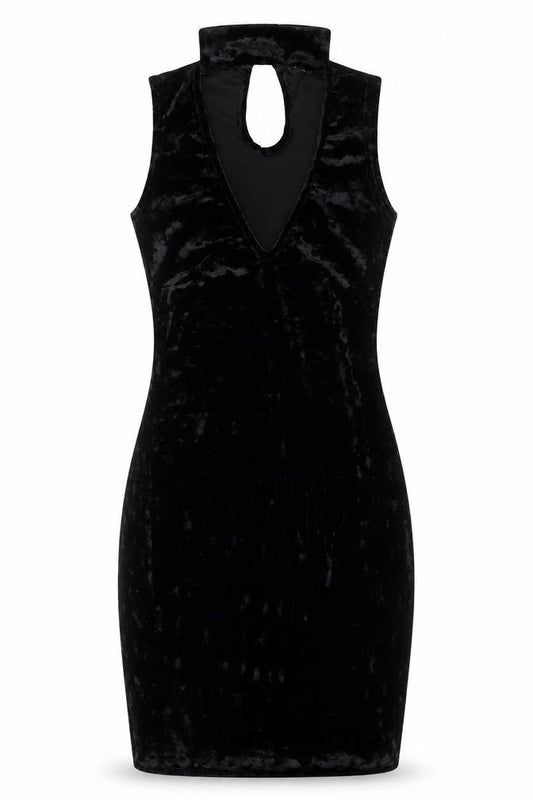 Front view of Select women’s black polyester tank dress, size UK 6, v-neck button
