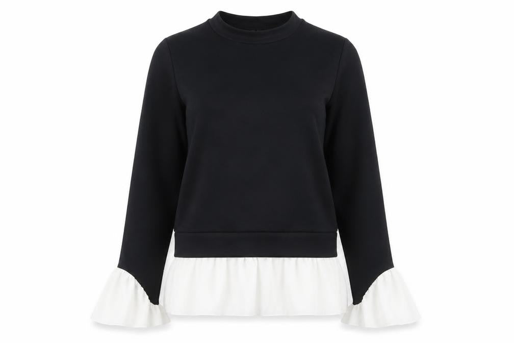 Front view of Izabelle London women’s black polyester pullover sweatshirt, size UK 12, pullover