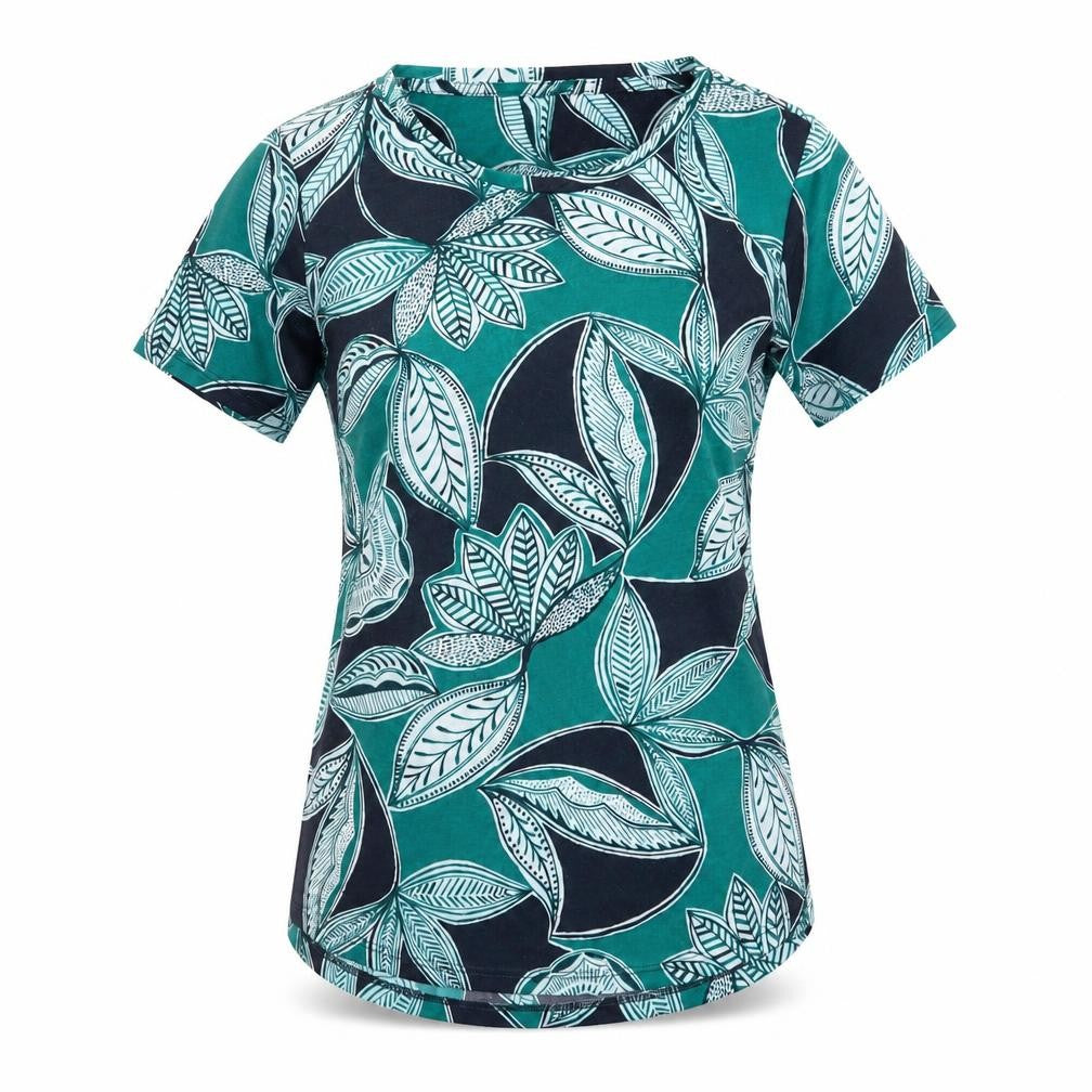 Front view of Marks & Spencer women’s green geometric polyester basic t-shirt, size UK 8, scoop neck - leaf print