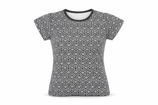 Front view of Atmosphere women’s black geometric cotton basic t-shirt, size UK 12, scoop neck