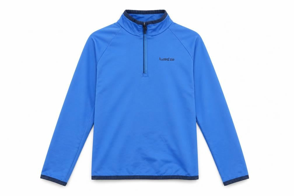 Front view of Decathlon boys’ blue polyester pullover sweatshirt, size 8, years zip