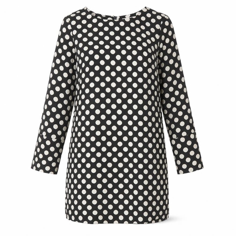 Front view of H&M women’s black polka dot polyester shift, size UK 10, round neck zip