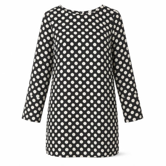 Front view of H&M women’s black polka dot polyester shift, size UK 10, round neck zip