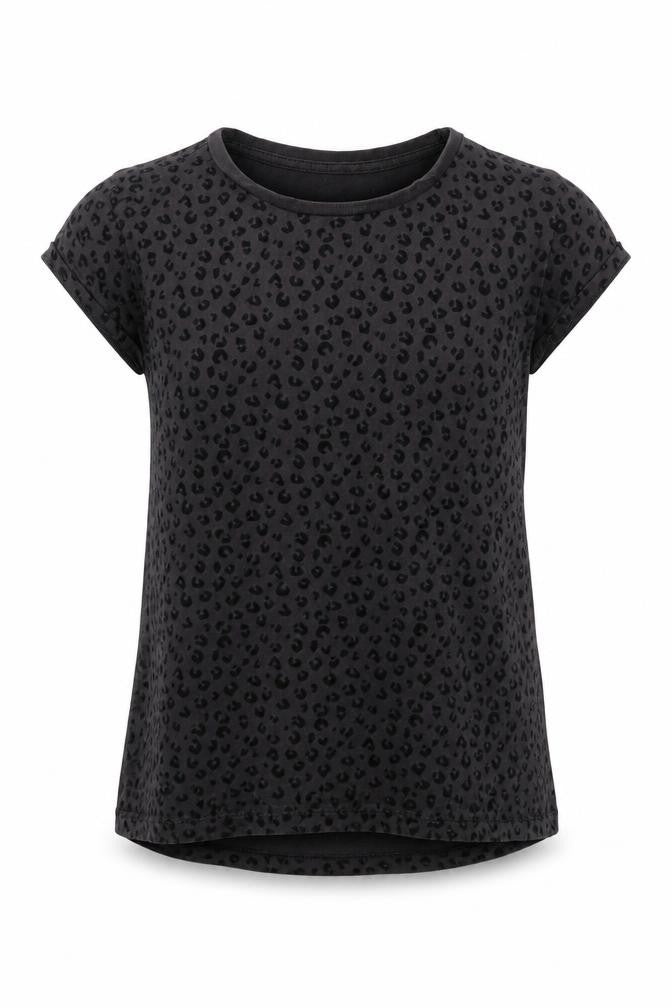 Front view of H&M girls’ grey animal print cotton basic t-shirt, size 10, years round neck pullover - leopard print