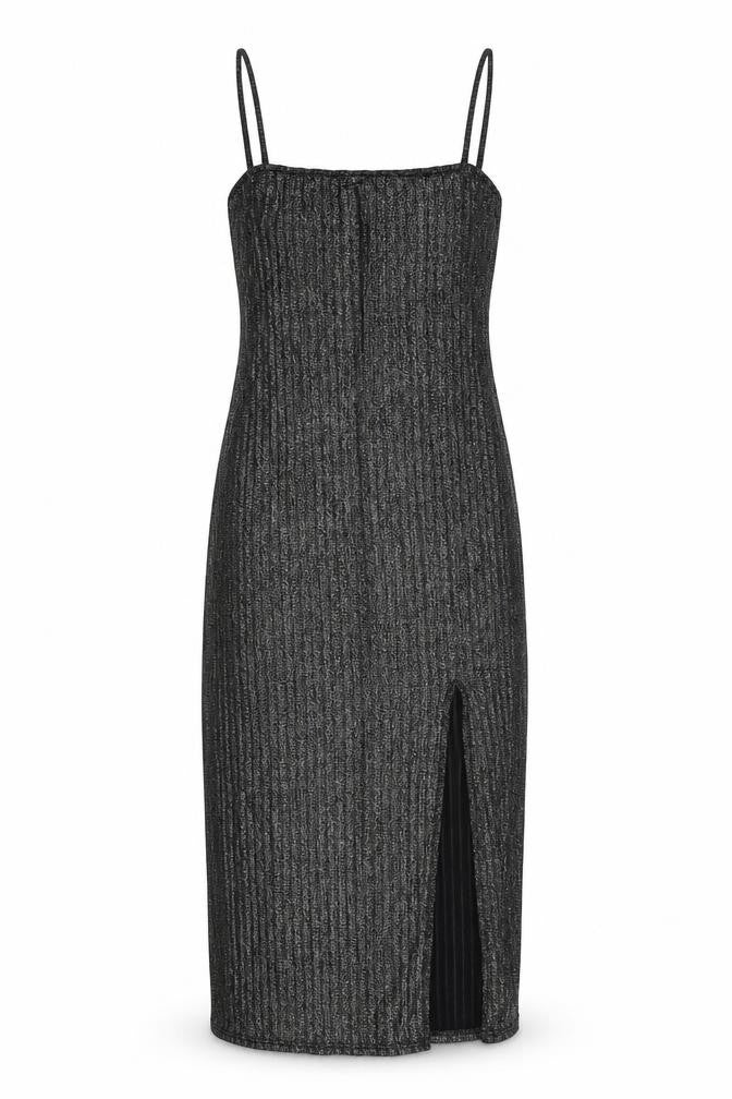 Front view of Boohoo women’s silver polyester slip dress, size UK 10, square neck pullover