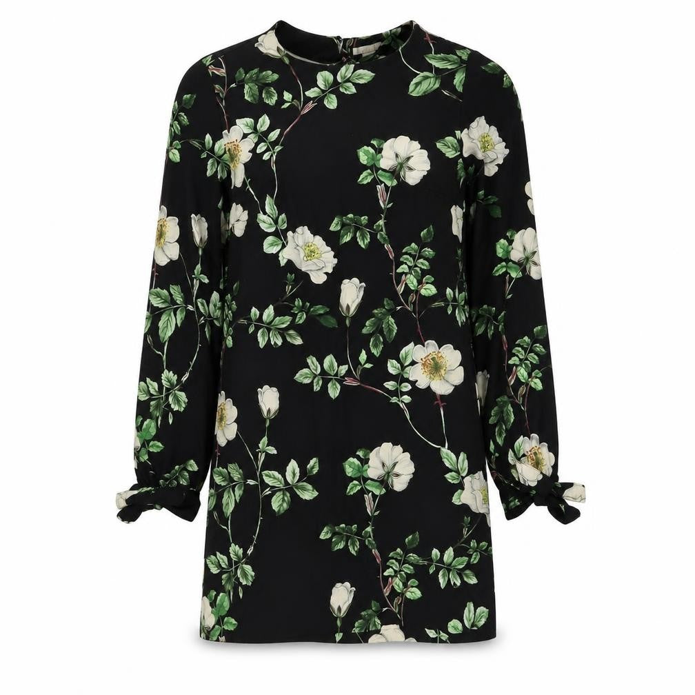 Front view of H&M women’s black floral polyester shift, size UK 8, scoop neck pullover - tie sleeve detail