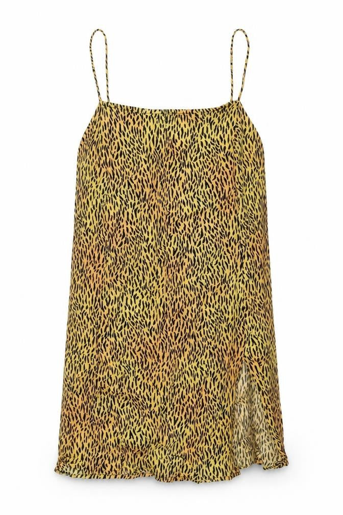 Motel Womens Yellow Animal Print Viscose Slip Dress Size M Square Neck Pullover - Tiger Pattern