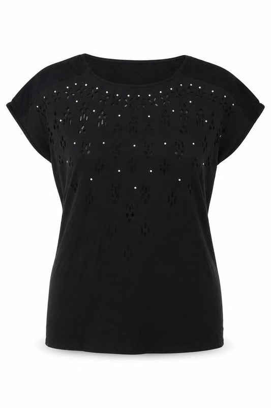 Front view of Klass women’s black polyester basic t-shirt, size M, round neck