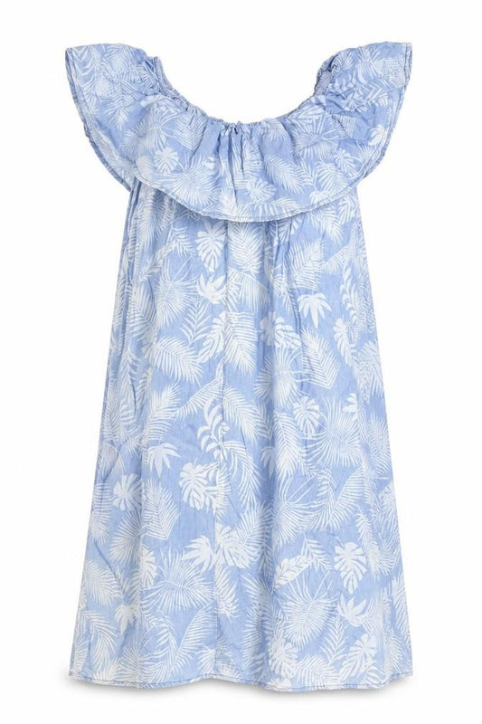 Front view of Dorothy Perkins women’s blue floral cotton fit & flare, size UK 12, off the shoulder pullover