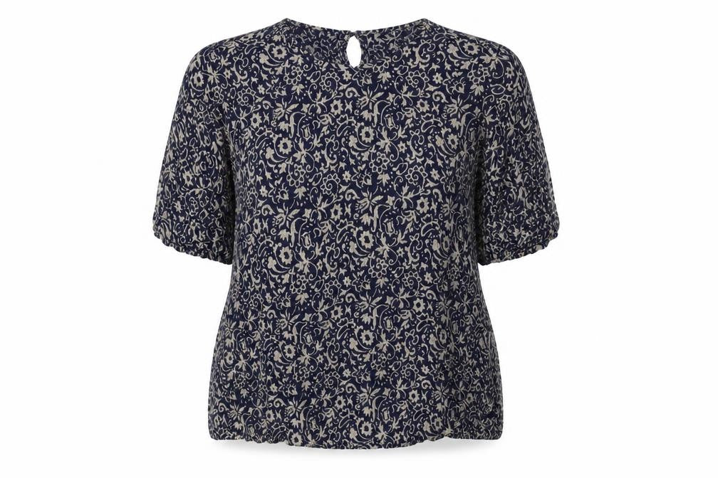 Front view of TIGI women’s blue floral viscose basic blouse, size L, round neck