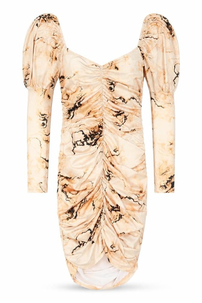 Front view of ASOS women’s beige tie dye polyester bodycon, size UK 4, off the shoulder pullover - balloon sleeve