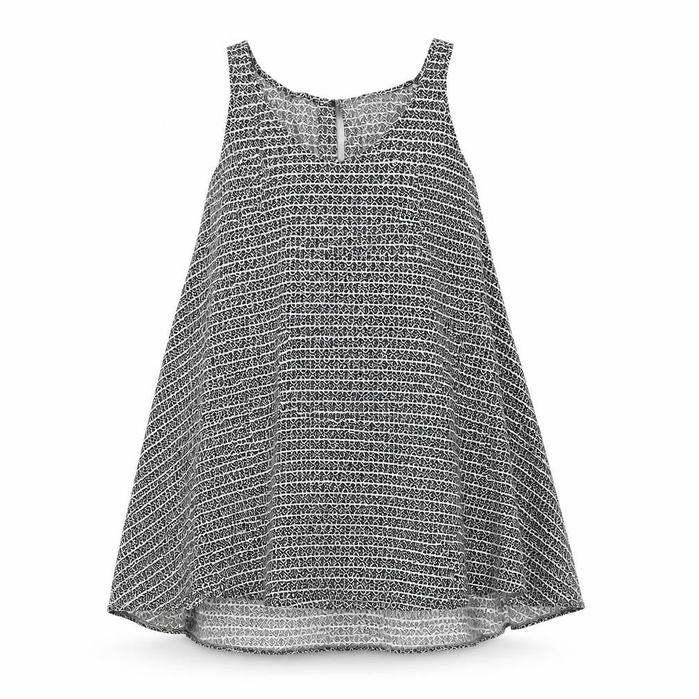 Front view of H&M women’s black geometric viscose trapeze & swing, size UK 12, scoop neck button