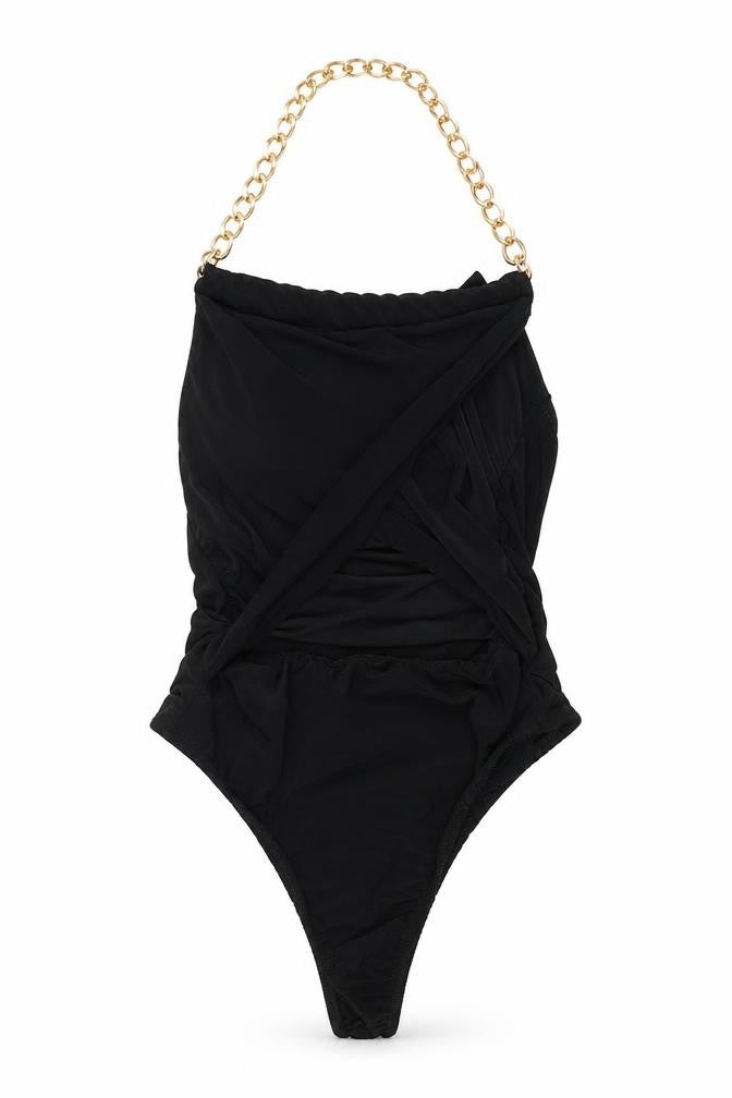 Front view of Signature women’s black polyester bodysuit one-piece, size UK 10, snap