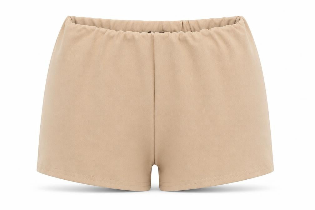 Front view of Missguided women’s beige polyester sweat shorts, size UK 6, extra-slim pull on