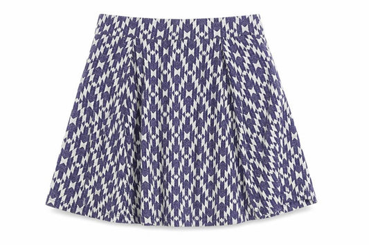 Front view of Next women’s blue geometric cotton swing skirt, size UK 12