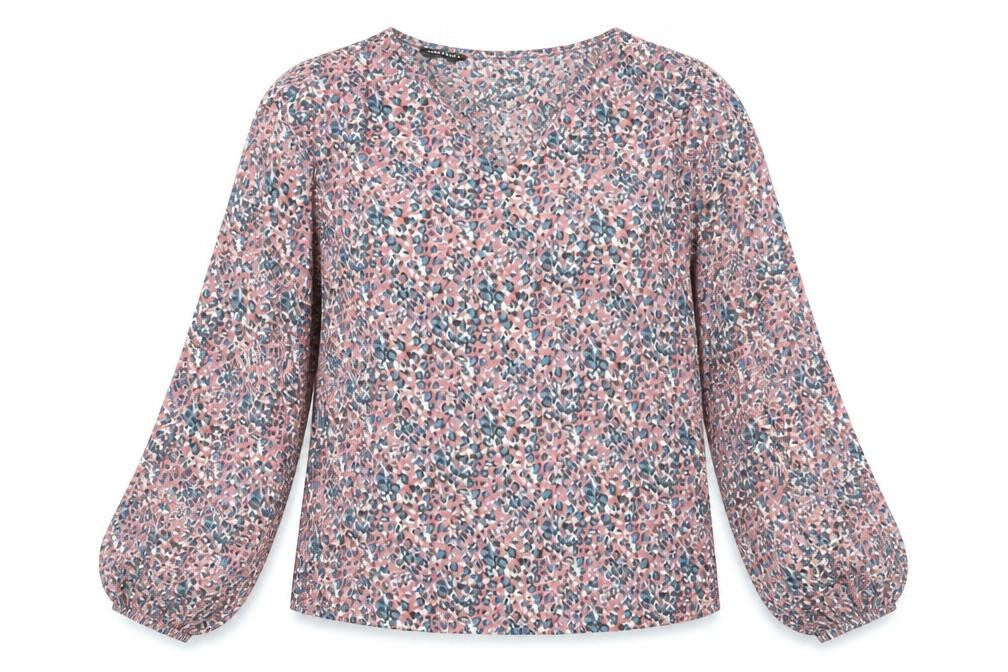 Front view of SHEIN women’s pink geometric polyester basic blouse, size L, v-neck