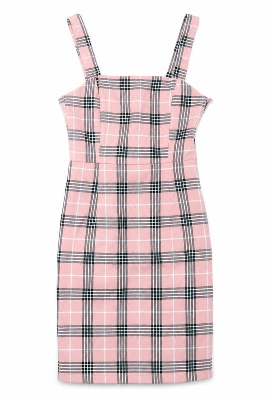 Front view of H&M women’s pink geometric viscose shift, size UK 6, off the shoulder zip