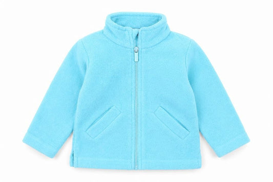 Front view of Preworn girls’ blue jacket, size 3-6, months zip