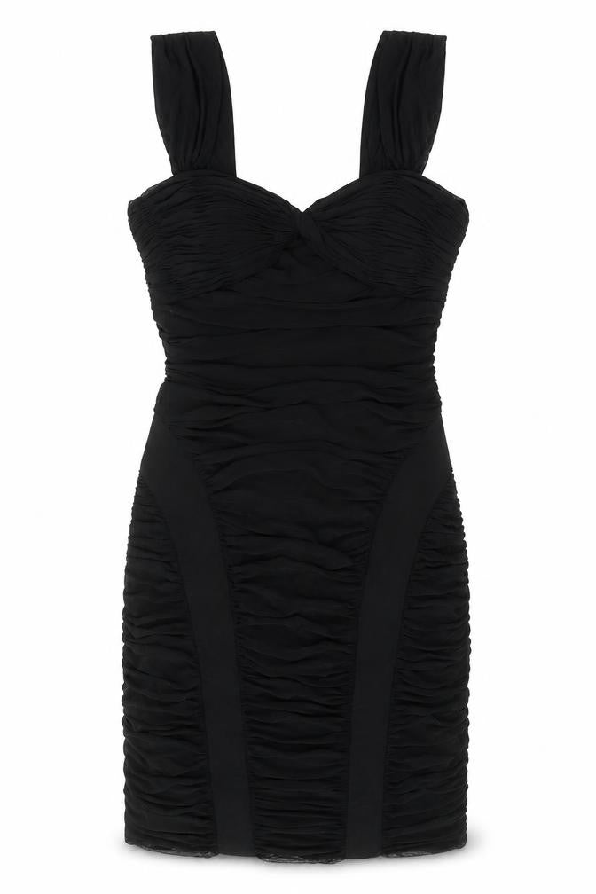 Front view of Sousourada women’s black polyester shift, size L, off the shoulder zip