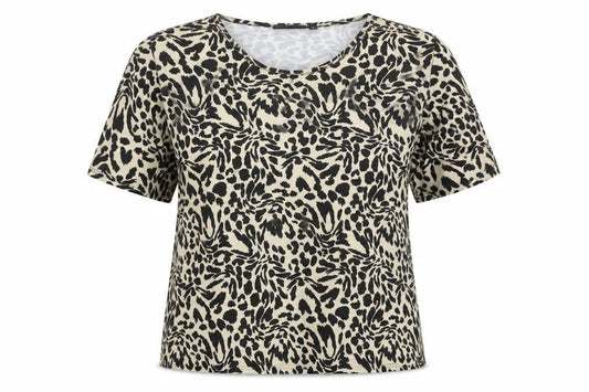 Front view of ASOS women’s black geometric polyester basic t-shirt, size UK 10, round neck