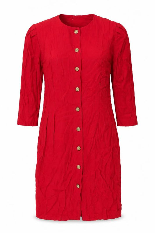 Front view of S.L. Petites women’s red polyester sheath, size UK 8, round neck button