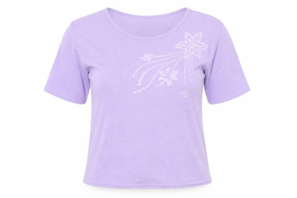 Front view of Eye Design women’s purple floral polyester basic t-shirt, size M, round neck